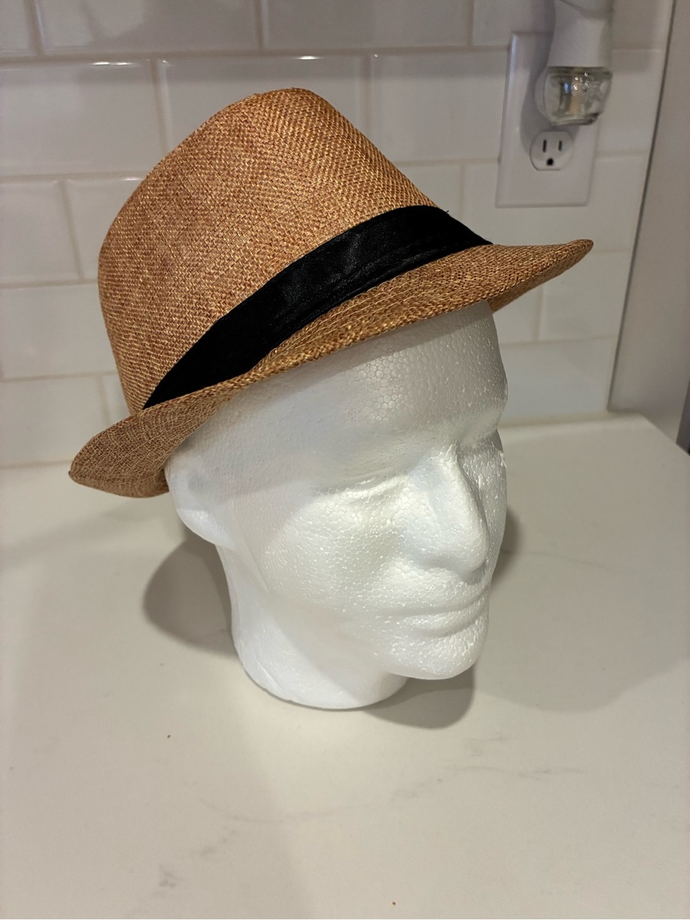 Men's Straw Fedora Hat with Black Band - Tan